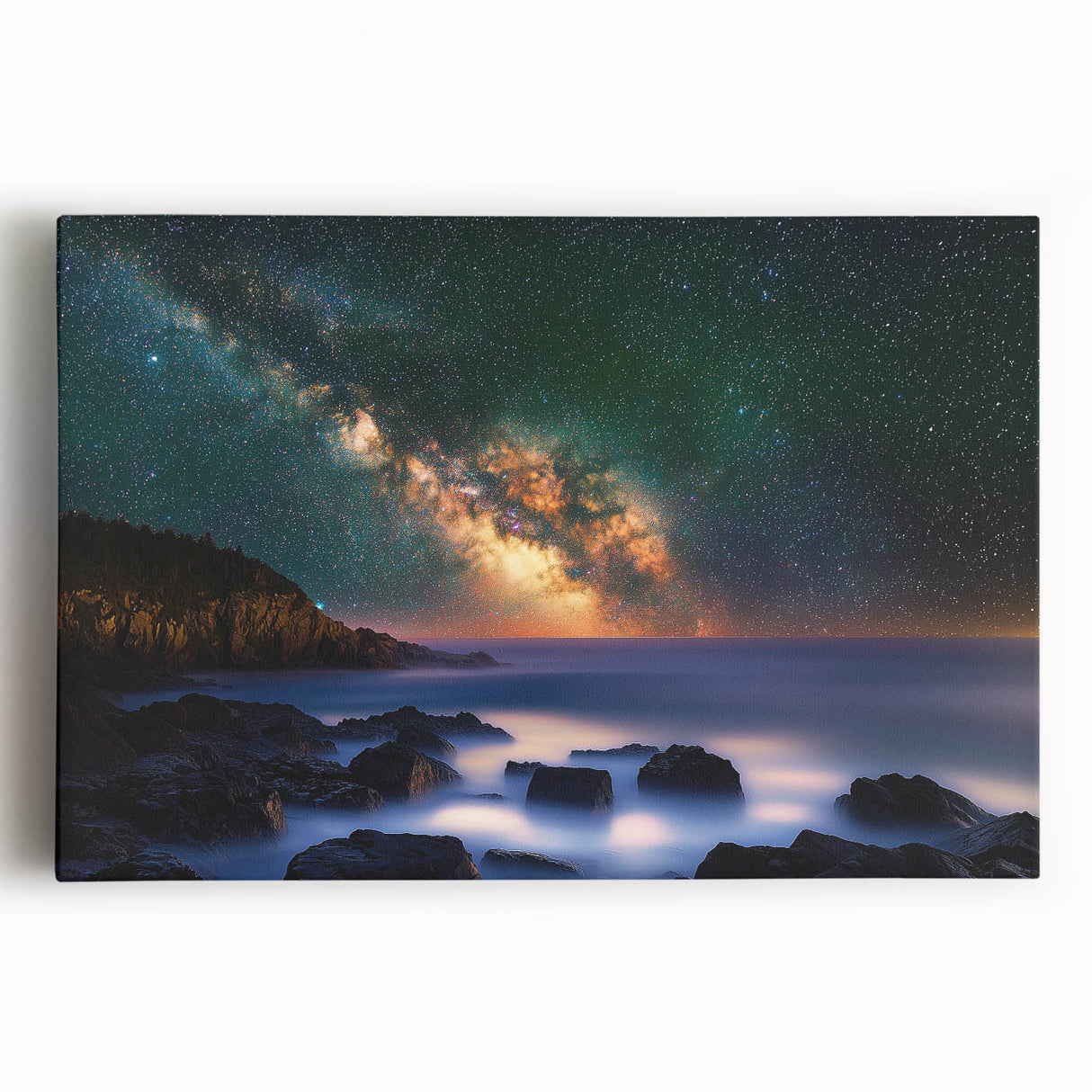 Vibrant stretched canvas artwork depicting dramatic cliffs and landscapes in rich colors, showcasing natural beauty and depth, ideal for home decor and art enthusiasts.