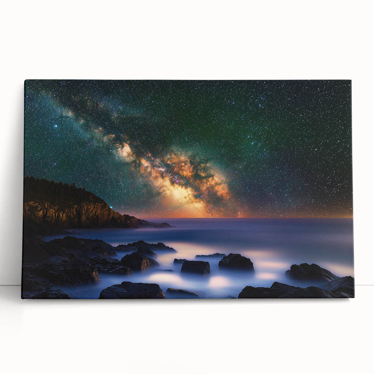 Stretched canvas artwork depicting dramatic cliffs and serene landscapes, showcasing vibrant colors and fine details, perfect for home decor or art lovers.