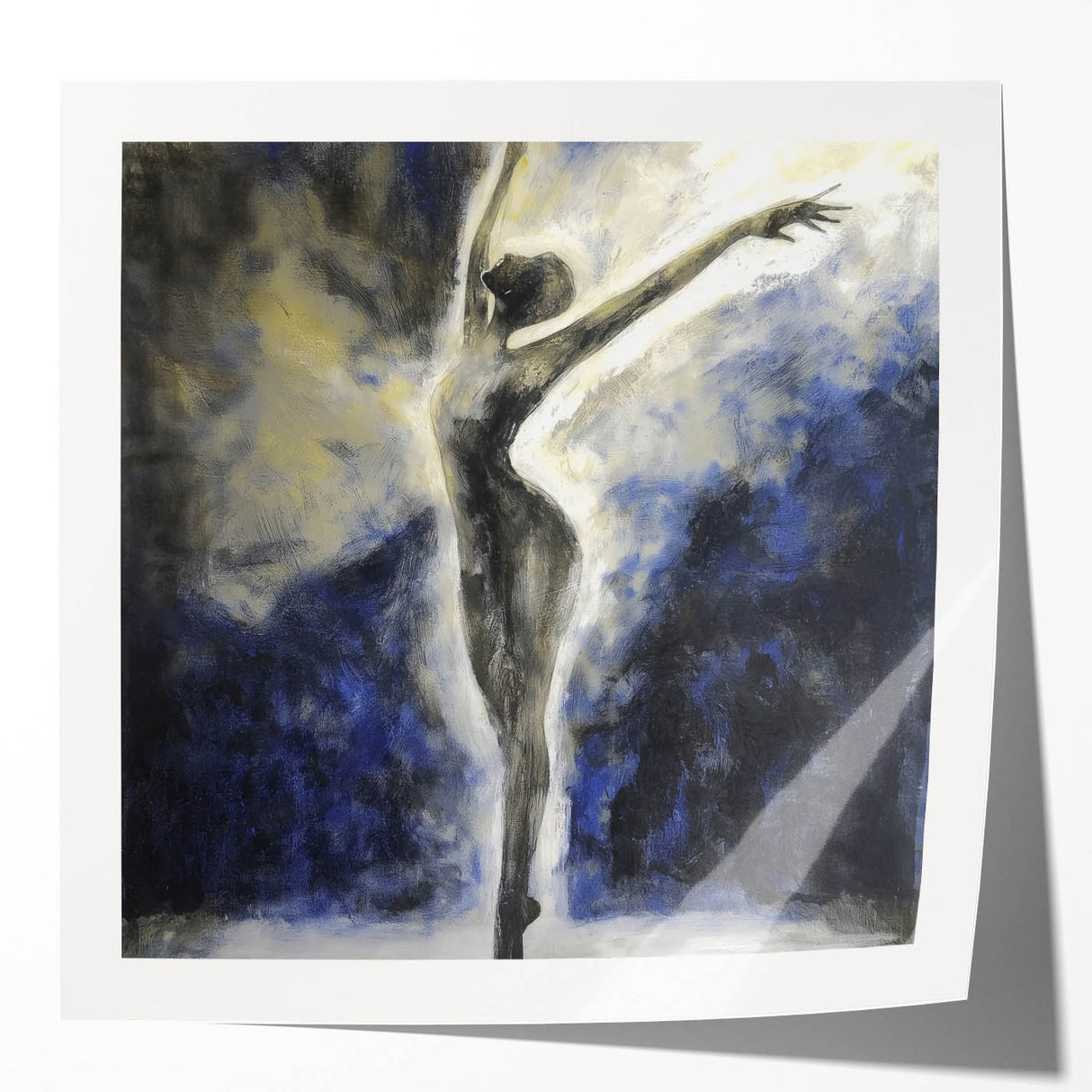 Abstract figurative art print showcasing vibrant colors and dynamic shapes, displayed in a glossy finish, ideal for modern home decor and artistic inspiration.