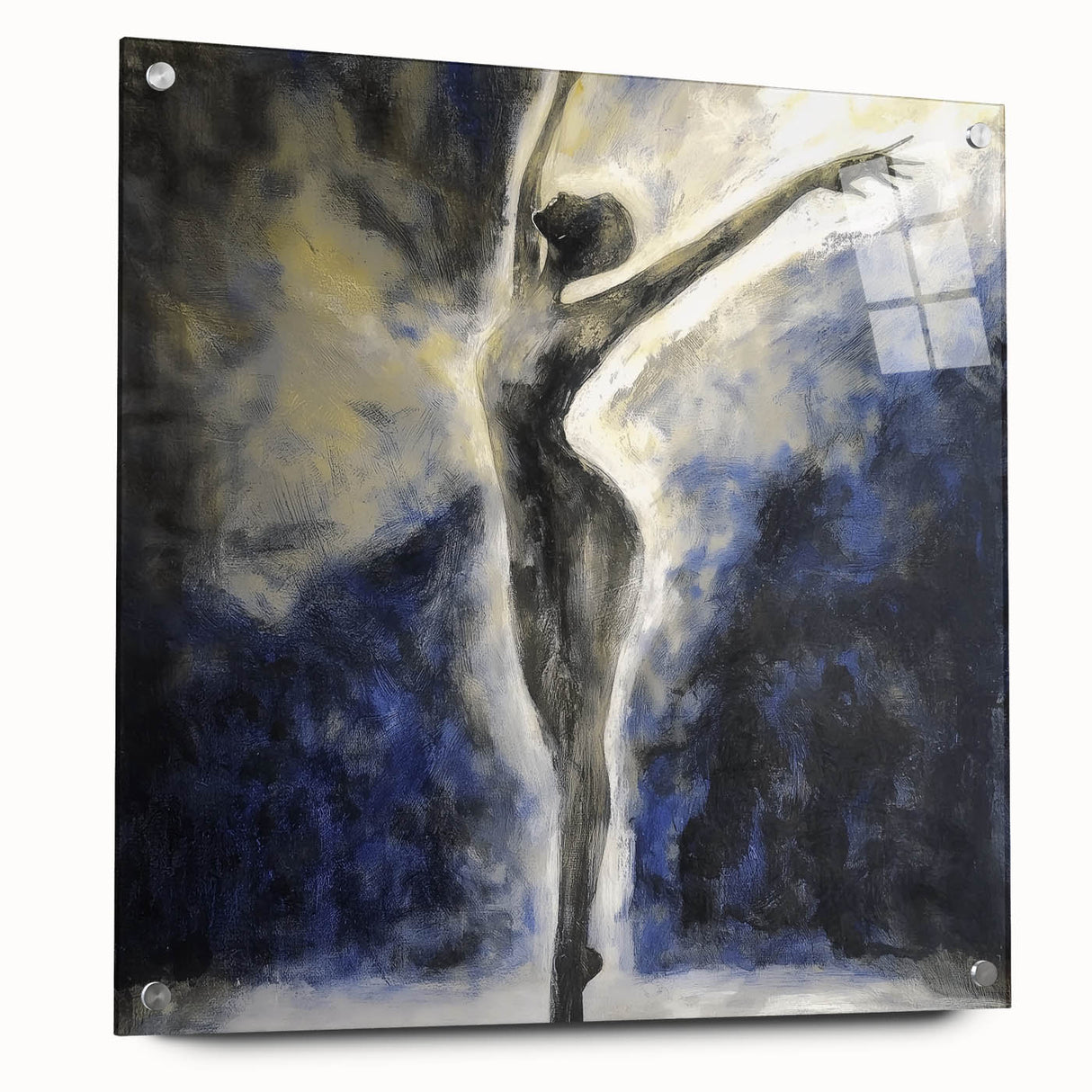 Abstract figurative acrylic artwork displayed in a glass frame from a side view, showcasing vibrant colors and intricate pin details, ideal for modern decor.