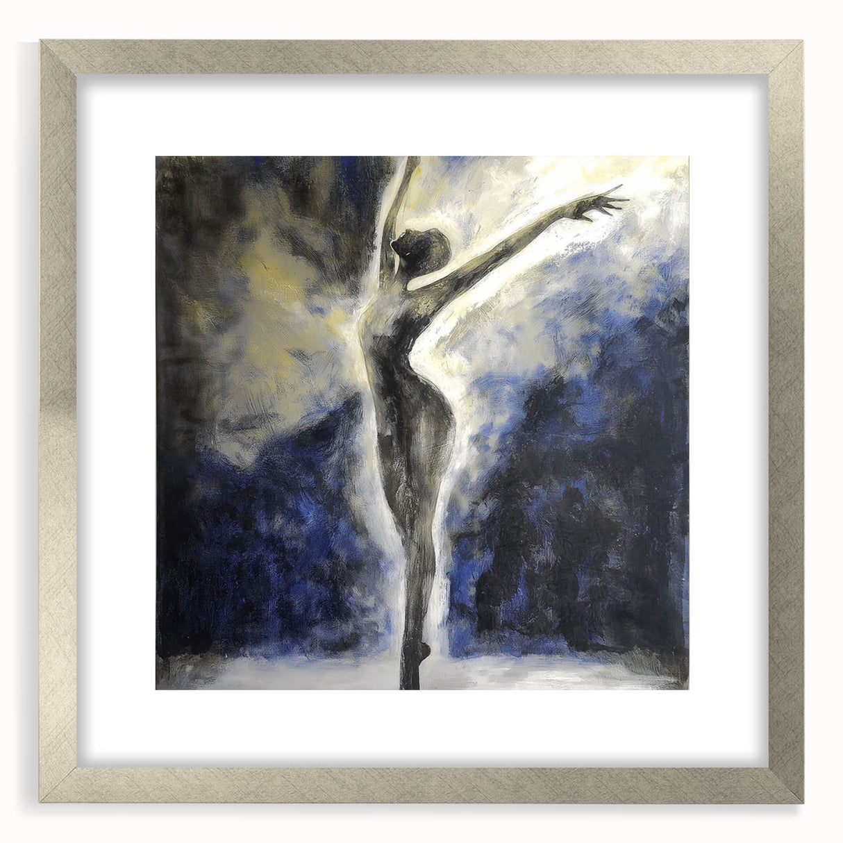 Abstract figurative frame in silver, showcasing a modern design with a mat, perfect for enhancing contemporary artwork display in home decor.
