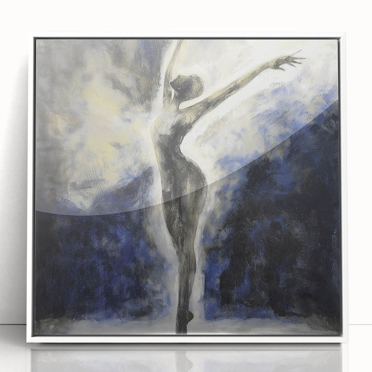 Abstract figurative art piece in a sleek white frame, showcasing vibrant colors and dynamic shapes, ideal for modern home decor and artistic expression.