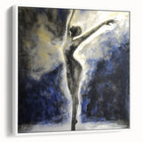 Framed abstract figurative canvas art in a modern white frame, showcasing vibrant colors and dynamic shapes, perfect for contemporary home decor.