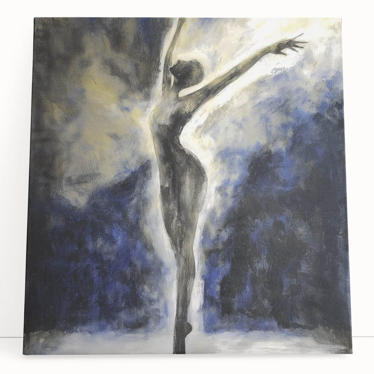 Abstract figurative stretched canvas art piece featuring bold colors and dynamic shapes, leaning against a neutral wall, ideal for modern decor.