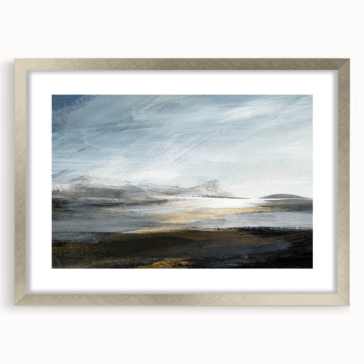 Abstract landscape wall art framed in silver with a mat, showcasing vibrant colors and modern design elements, perfect for contemporary home decor.