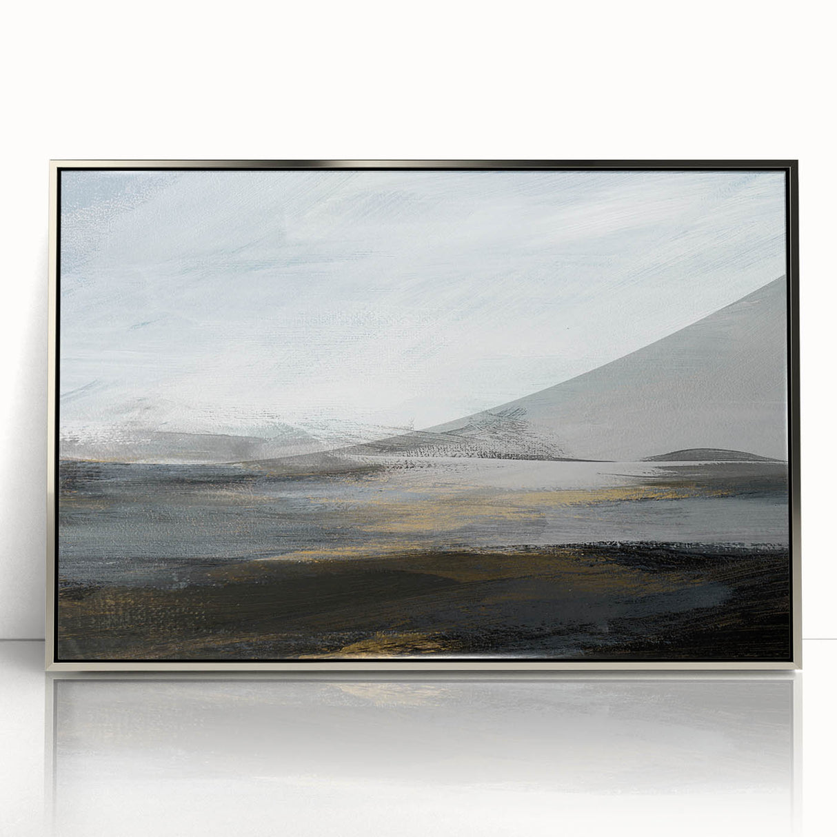 Framed acrylic wall art depicting an abstract landscape in shades of silver and gray, showcasing a modern design ideal for contemporary decor.