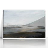 Framed abstract landscape wall art in white acrylic, showcasing vibrant colors and fluid shapes, perfect for modern home decor or office spaces.