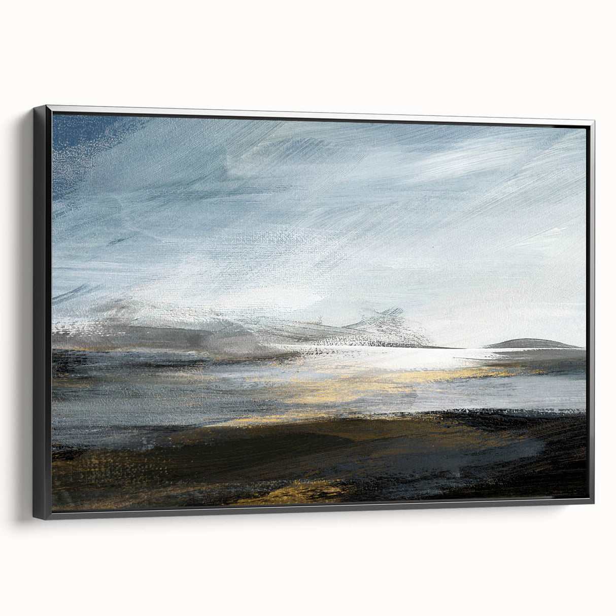 Framed abstract landscape wall art in a sleek black frame, showcasing vibrant colors and dynamic shapes, perfect for modern home decor.