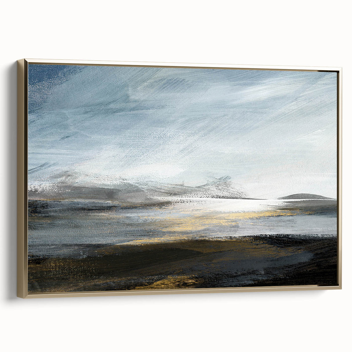 Framed canvas wall art showcasing an abstract landscape design, featuring gold accents and a sleek side profile, perfect for modern decor.