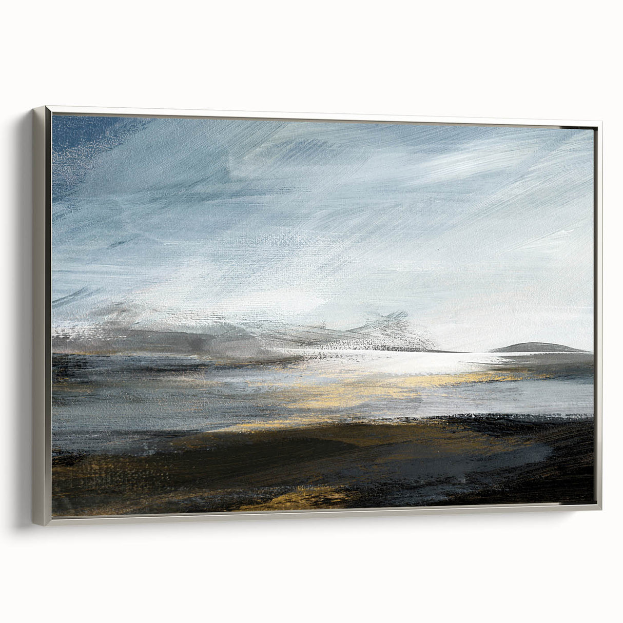 Framed canvas wall art depicting an abstract landscape design with silver accents, showcasing a modern aesthetic suitable for contemporary home decor.