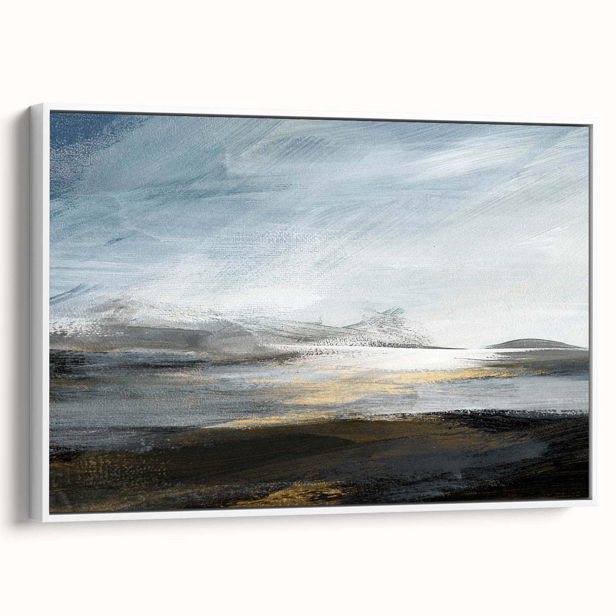 Abstract landscape wall art in a white frame, showcasing vibrant colors and bold brush strokes. This canvas artwork adds a modern touch to any decor, perfect for enhancing living spaces.