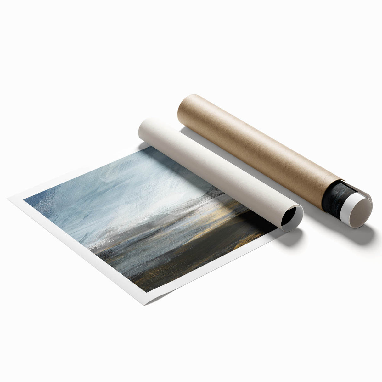 Abstract landscape wall art print showcasing vibrant colors and fluid shapes, rolled for easy shipping and display, perfect for modern interior decor.