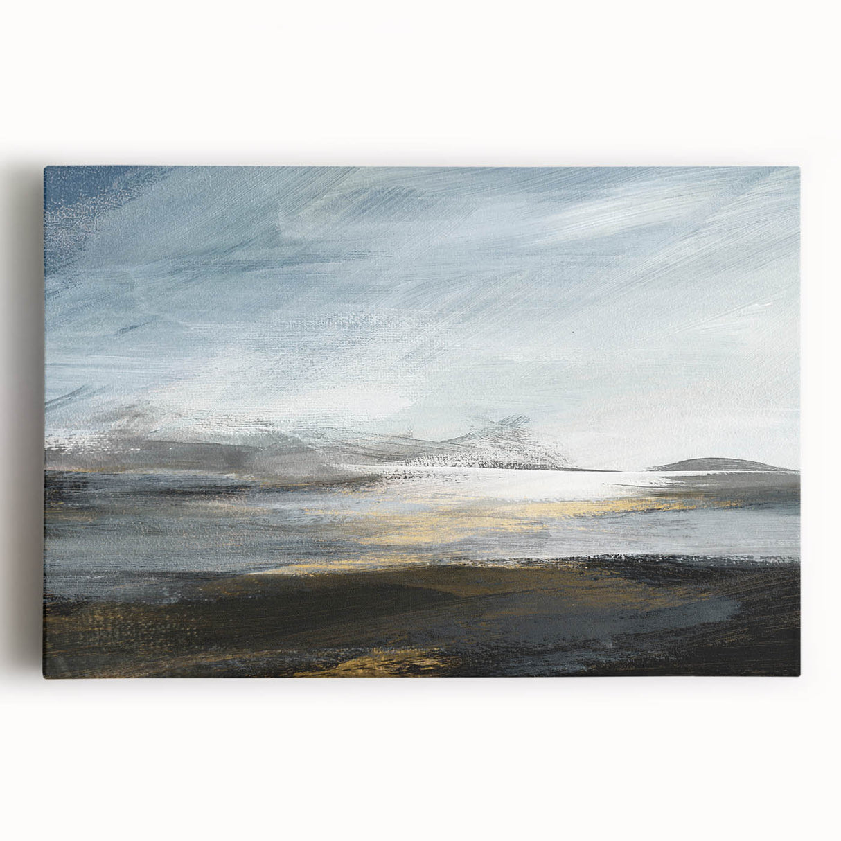 Abstract landscape wall art on stretched canvas, showcasing vibrant colors and fluid shapes, ideal for modern home decor. Perfect focal point for living spaces.