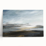 Abstract landscape wall art on a stretched canvas, featuring vibrant colors and fluid shapes, leaning against a neutral wall, ideal for modern home decor and artistic ambiance.