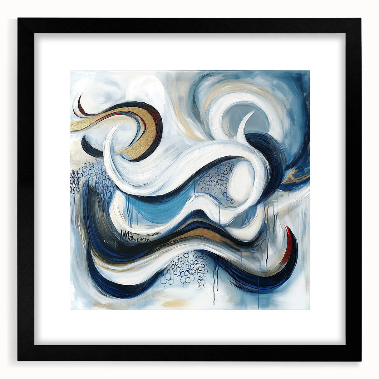 Large Abstract Wall Art – White, Navy & Gold with Red Accents