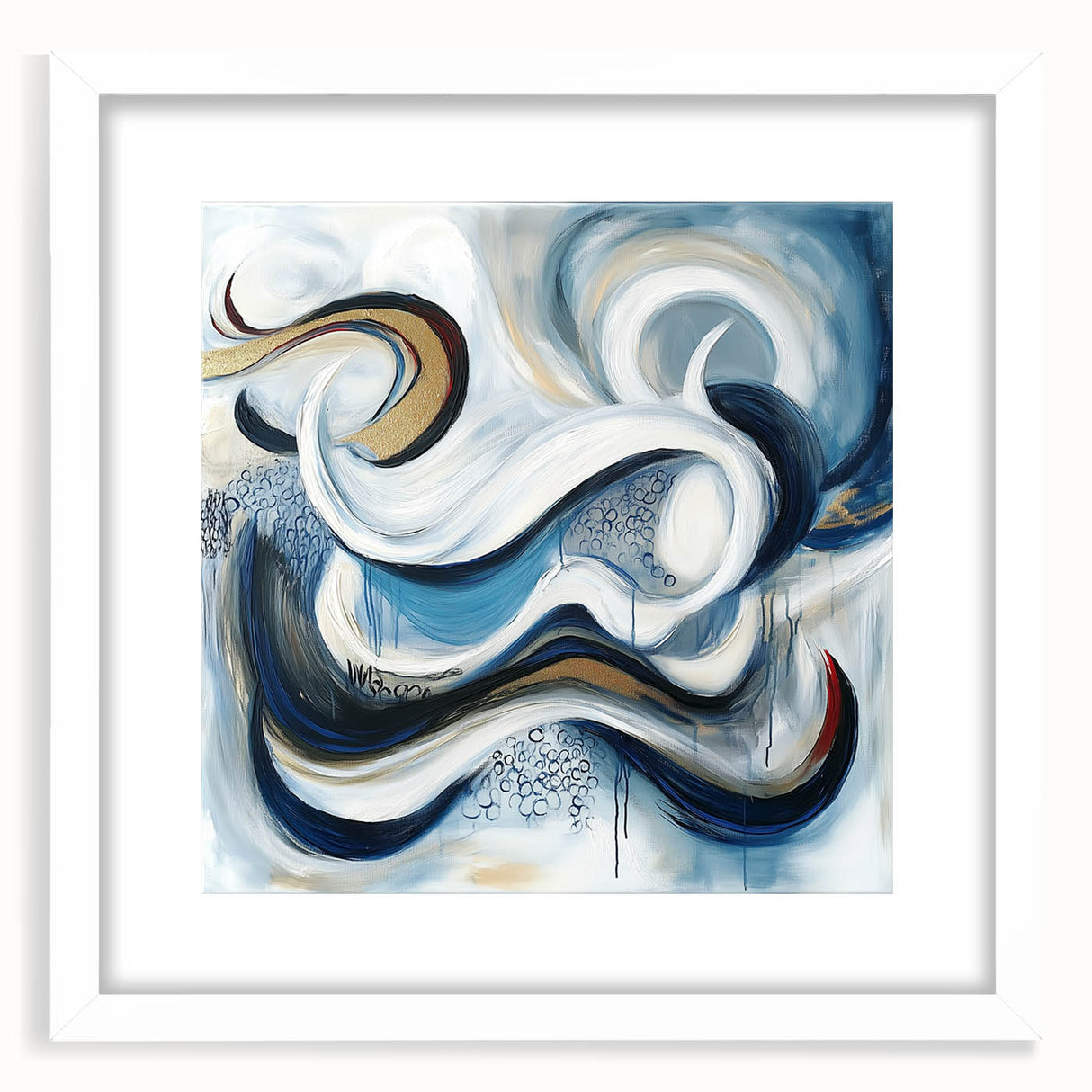 Large Abstract Wall Art – White, Navy & Gold with Red Accents