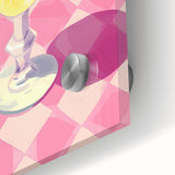 Large abstract wall art featuring mid-century modernist splashes in warm tones on acrylic glass, ideal for dining room decor.