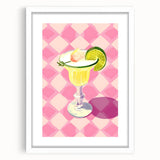 Abstract art print featuring swirling blue and green hues on a white framed canvas, ideal for dining room decor.