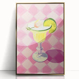 Art deco poster featuring a stylized cocktail, in gold and black tones, acrylic framed, suitable for modern kitchen decor.