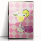 Large art print of colorful fruits in mid-century modernist style, acrylic on silver framed canvas.