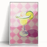 Mid-century modernist art depicting various foods and drinks in pastel shades on a framed acrylic.