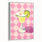 Vintage poster art of colorful food and drinks on a large framed canvas, ideal for living room decor.