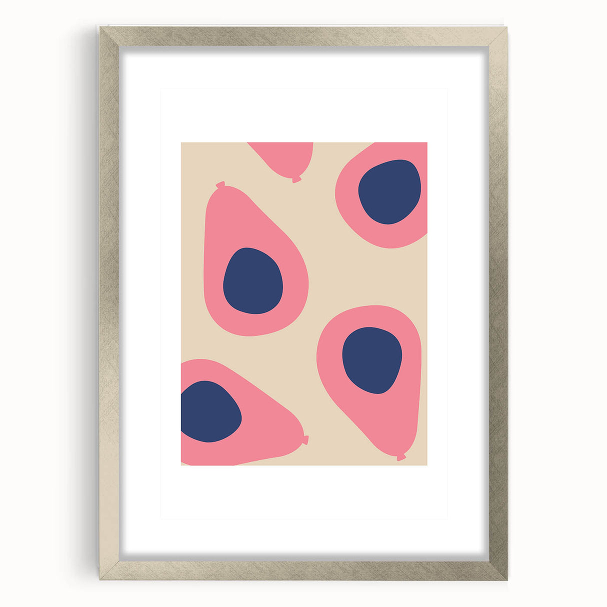 Textured art print of abstract fruits in muted earth tones, framed in silver, suitable for bedroom decor.