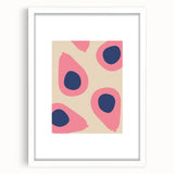 Abstract art print of assorted fruits in vibrant colors on a white framed mat, ideal for dining room decor.