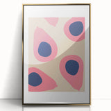 Large art print of assorted fruits in bold colors, framed in gold acrylic, mid-century modernist style.