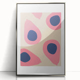 Mid-century modernist art featuring assorted fruits in vibrant colors on a silver framed acrylic, ideal for nursery wall art.