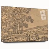 Realism Art Print of a Serene Landscape with Figures and Dog