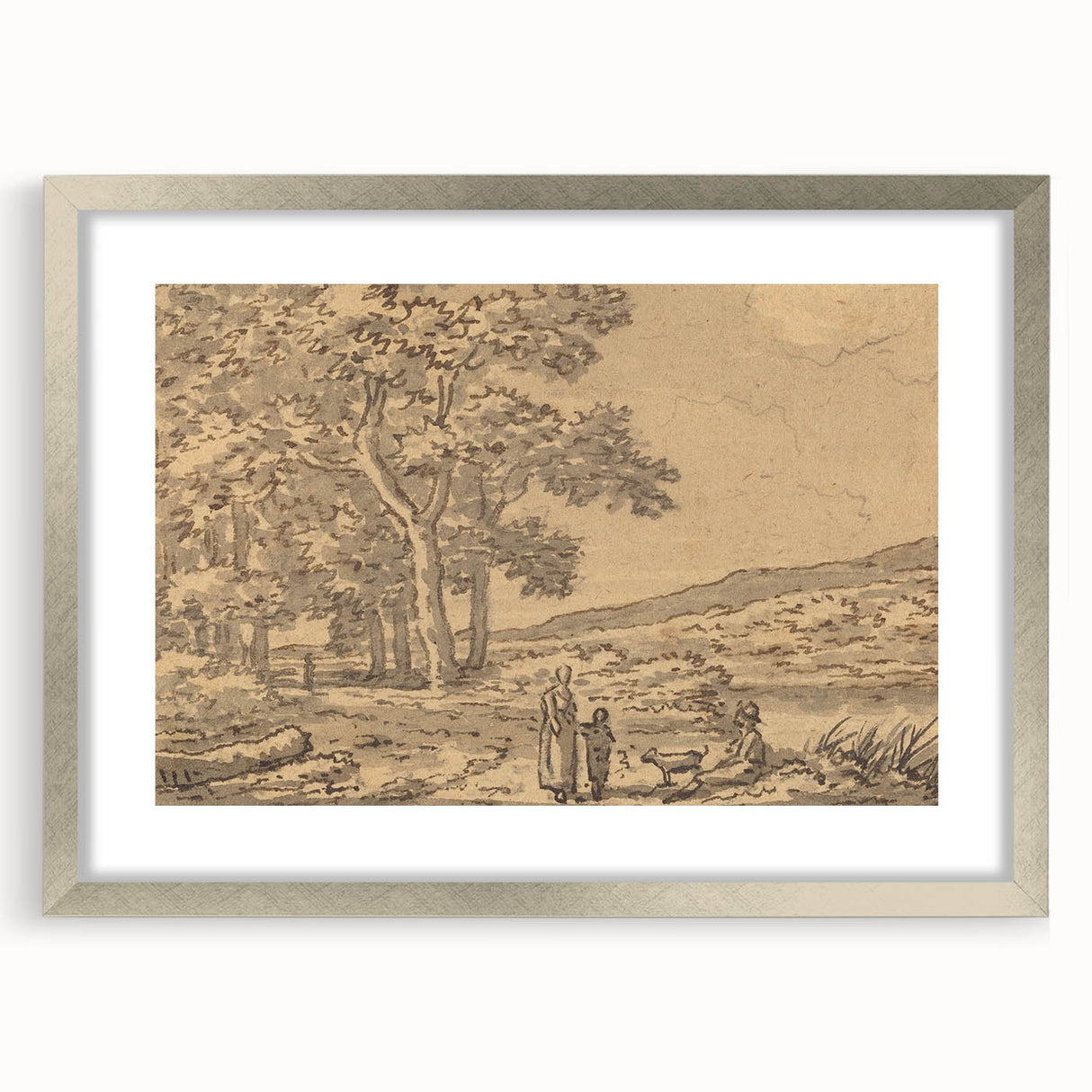 Realism Art Print of a Serene Landscape with Figures and Dog