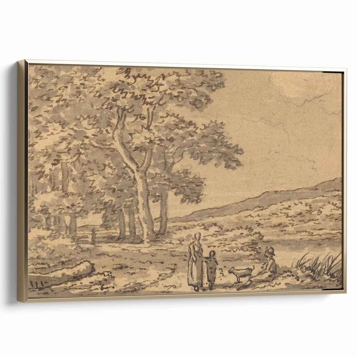 Realism Art Print of a Serene Landscape with Figures and Dog