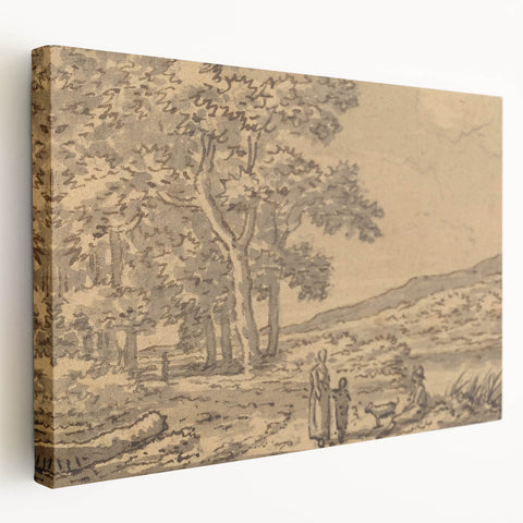 Realism Art Print of a Serene Landscape with Figures and Dog