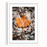 Abstract art print of swirling autumn colors in a white frame, ideal for dining room decor.