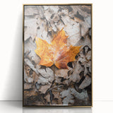 Large art print of a mid-century modernist fall scene, featuring warm gold and orange tones on framed acrylic.