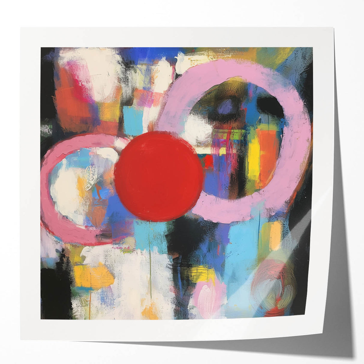 Abstract geometric art print mockup featuring vibrant colors and sharp angles, displayed in a glossy finish, perfect for modern home decor or design inspiration. Ideal for showcasing artwork in a stylish, minimalistic setting.