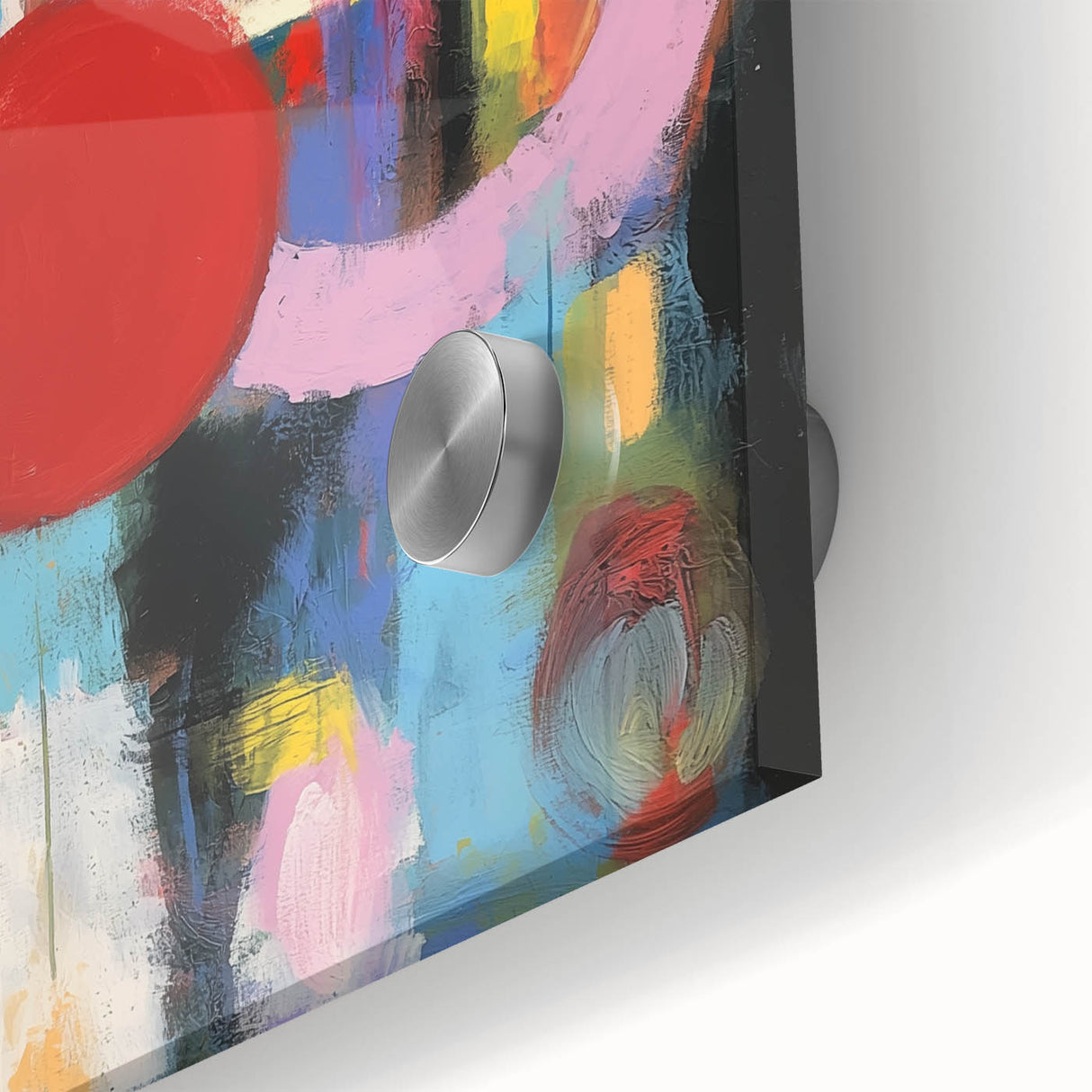 Close-up of an abstract geometric design in vibrant colors on acrylic glass, showcasing intricate patterns and textures, perfect for modern decor.