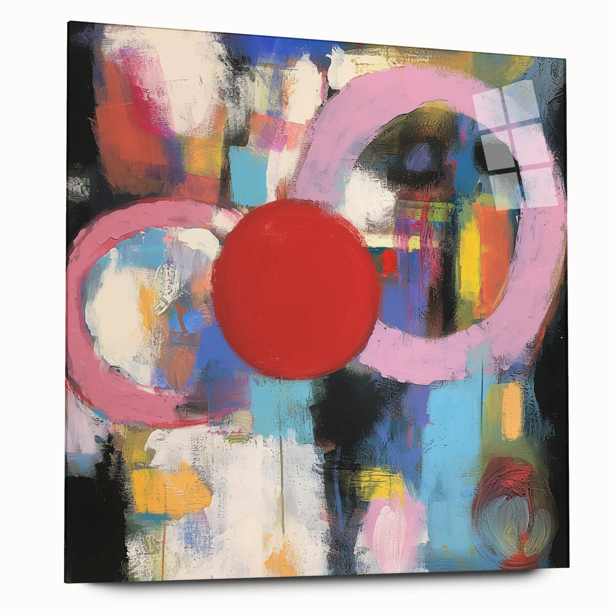 Abstract geometric acrylic glass art piece showcasing vibrant colors and intricate patterns, viewed from the side to highlight its modern design and translucent quality. Perfect for contemporary decor.