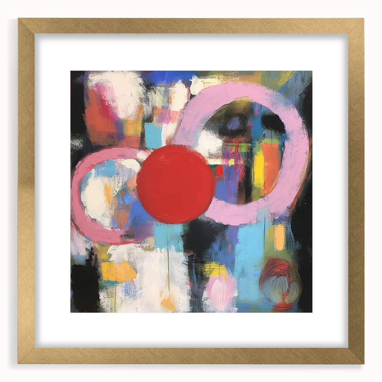 Abstract geometric frame in gold with a white mat, showcasing a modern design. Ideal for contemporary decor, perfect for enhancing living spaces or galleries.