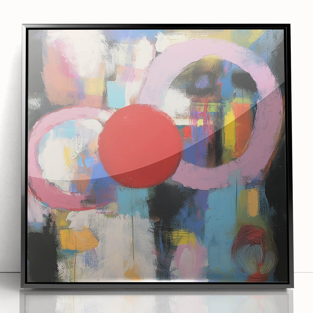 Abstract geometric framed acrylic artwork featuring bold black shapes and a modern design, ideal for contemporary home decor. Perfect for enhancing living spaces.