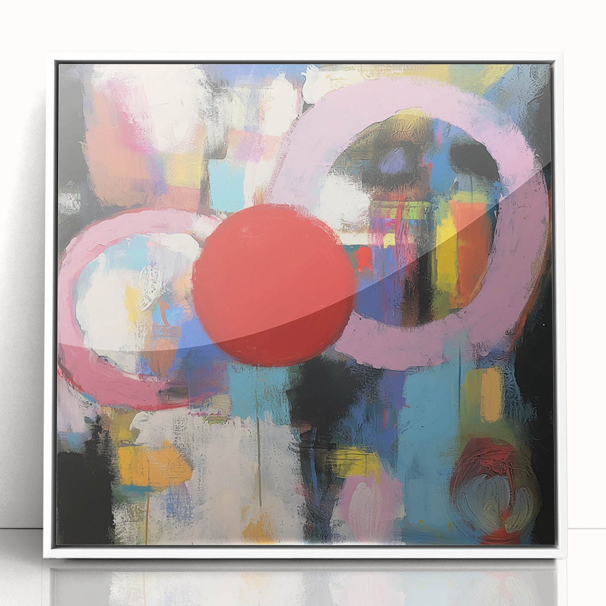 Abstract geometric framed acrylic artwork featuring a white background with intricate shapes in various colors, ideal for modern home decor.