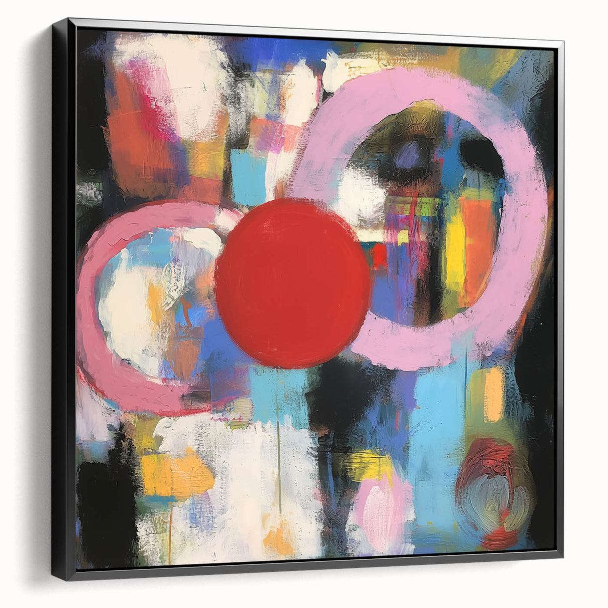 Abstract geometric framed canvas artwork showcasing a striking black design, viewed from the side. Perfect for modern home decor, this piece adds a contemporary flair to any room. Ideal for art enthusiasts seeking unique wall accents.
