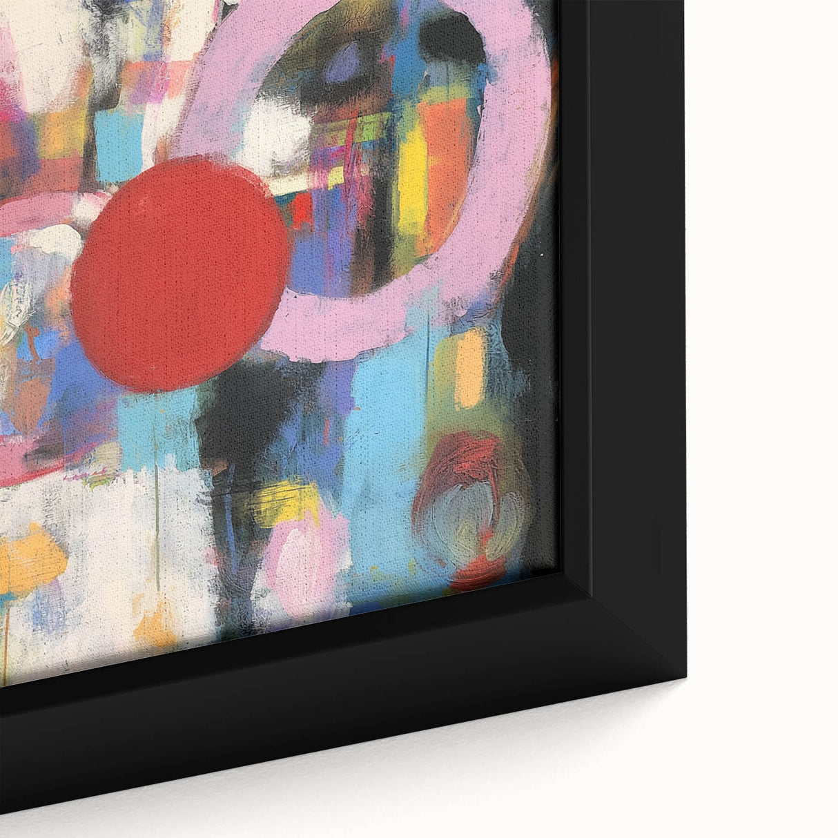 Close-up of a modern abstract geometric framed canvas art piece showcasing vibrant colors and intricate patterns, perfect for contemporary home decor accents.
