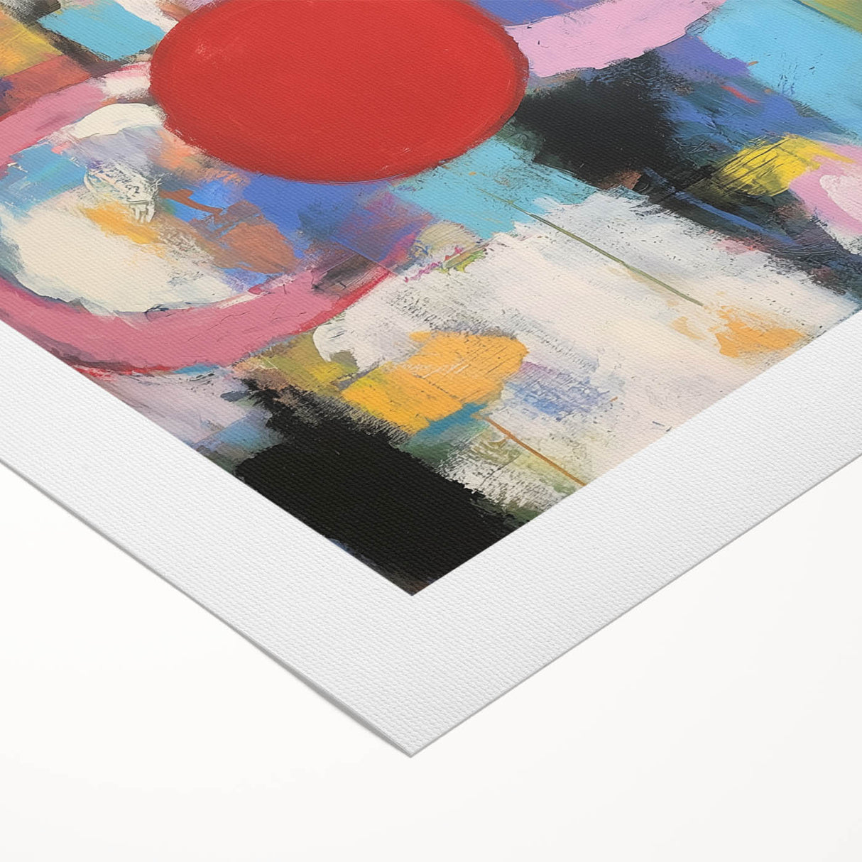 Abstract geometric rolled canvas artwork showcasing vibrant colors and intriguing shapes, ideal for modern home decor. Packaged securely in a cardboard tube for safe delivery.