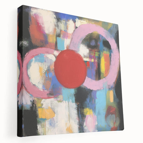 Stretched canvas artwork showcasing a vibrant abstract geometric design in shades of blue and orange, perfect for modern home decor or office spaces. Ideal for adding a pop of color and style to any room.