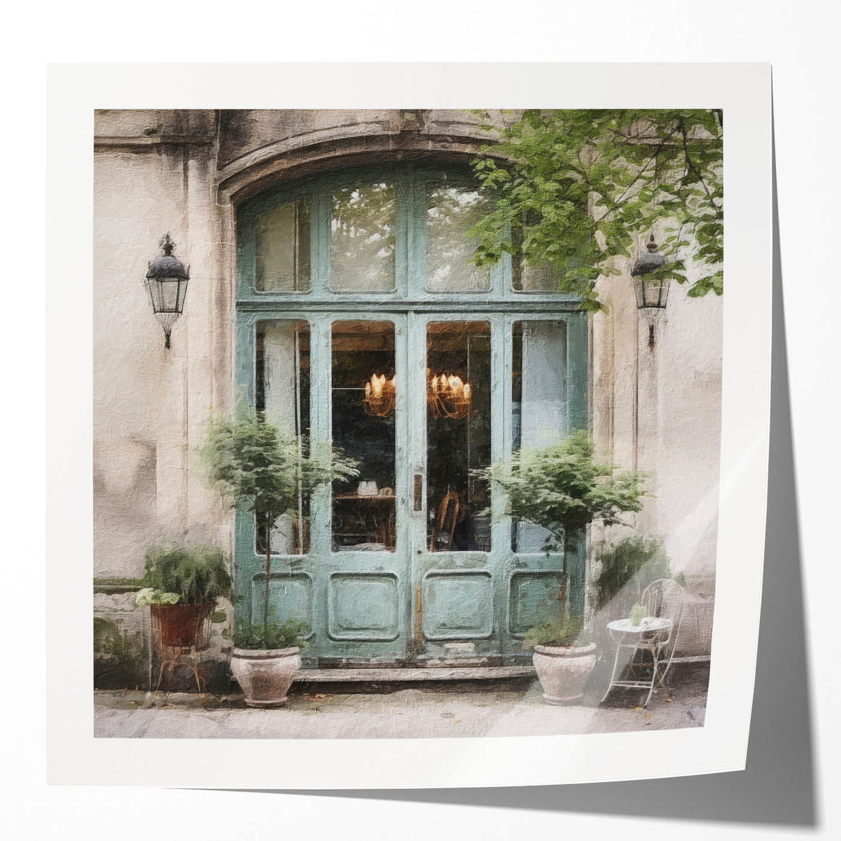 Extra large wall art featuring a French door design in muted earth tones on glossy photo paper, ideal for dining room decor.