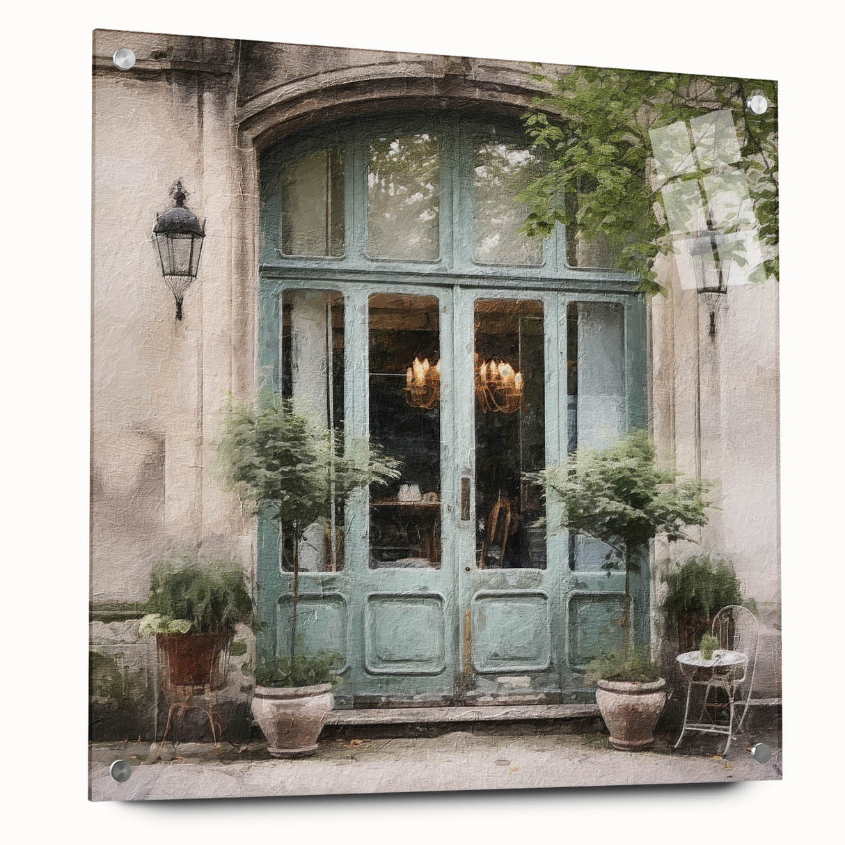 Large abstract wall art featuring a French door design in muted earth tones on acrylic glass, ideal for dining room decor.