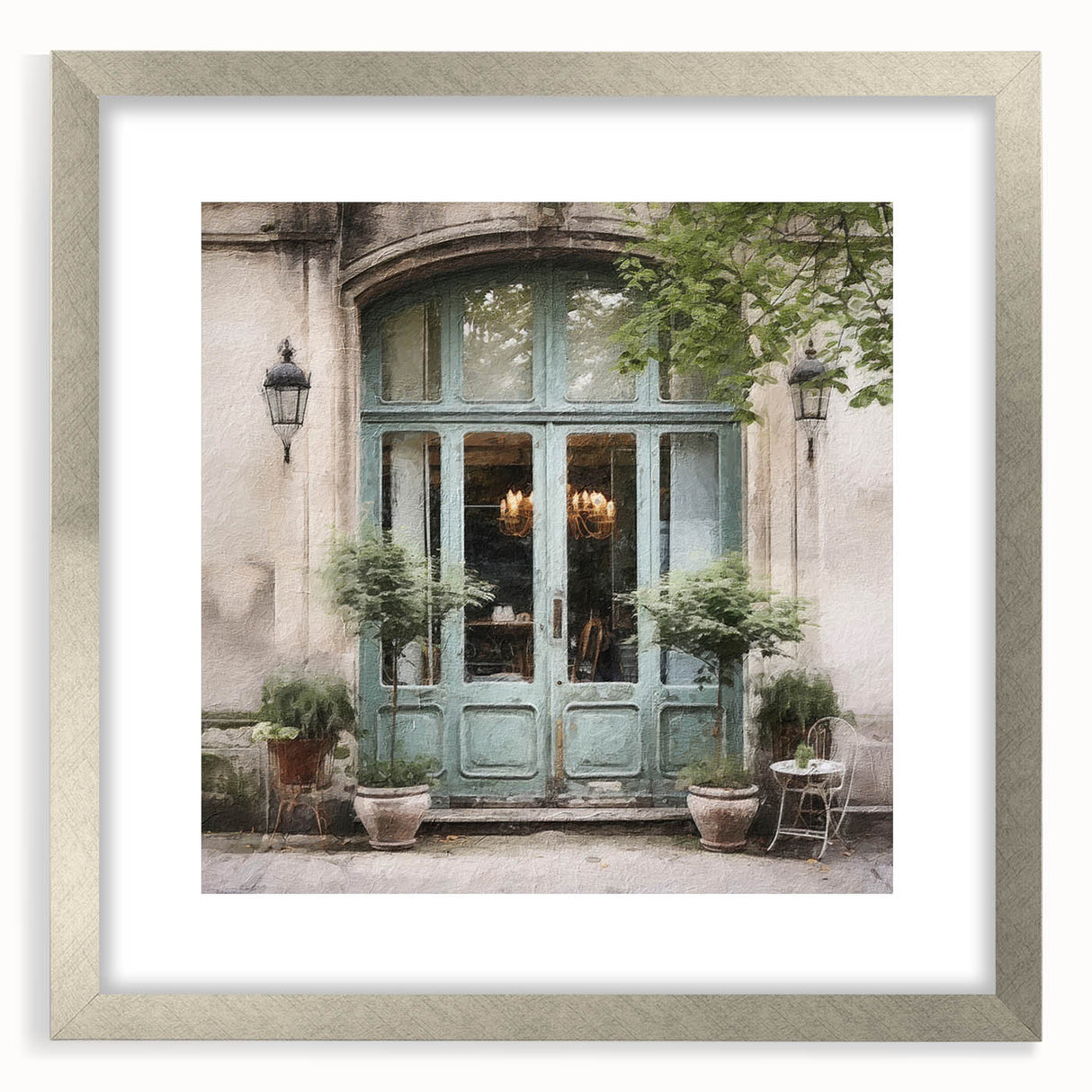 Textured abstract art print of a French door, in muted beige and white tones, framed in silver, suitable for bedroom decor.