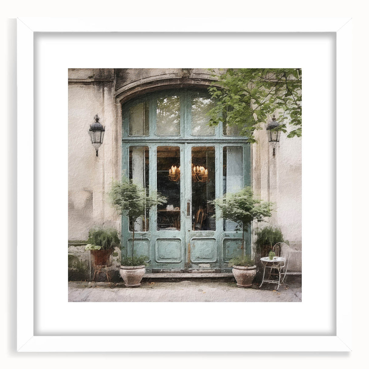 Abstract art print of a French door design in muted gray tones on a framed white mat.